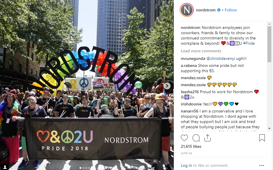 Instagram post from Nordstrom on Pride Day 